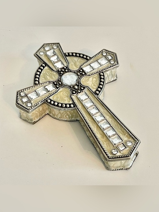 Accessories - Cross Jewelry Trinket Box Collectible Enameled Rhinestones Rosary Velvet Lined